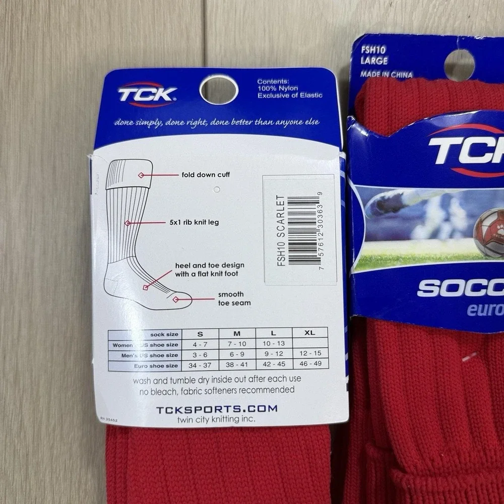 TCK Soccer‎ Euro Socks Scarlet Red Large FSH10 Rib Knit Fold Cuff Nylon Athletic